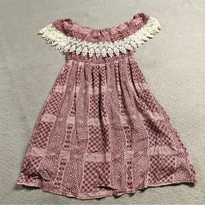 Abercrombie & Fitch Red  Cream Paisley Print Crochet Hem Off the Shoulder Dress